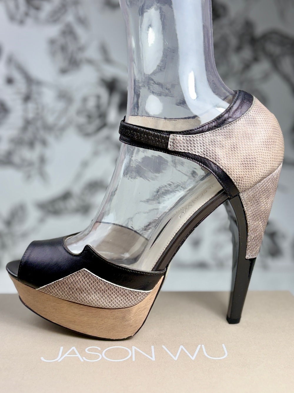 Jason Wu Black & Tan Leather Snakeskin 130mm Platform Stiletto Heels, Sz 41/11